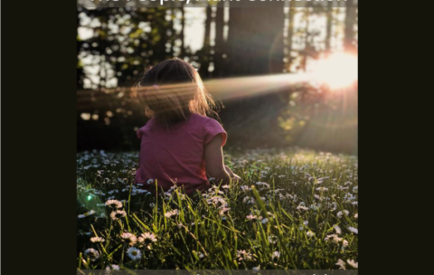 child in the woods staring at the sun